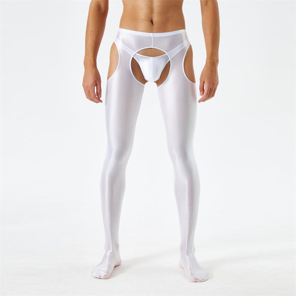 Front view of men wearing a white glossy suspender style pantyhose.
