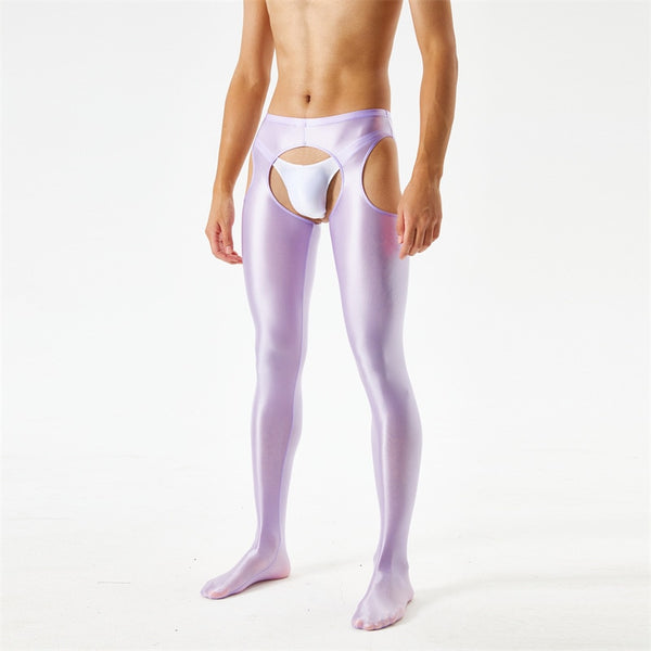 Front view of men wearing a lavender glossy suspender style pantyhose.