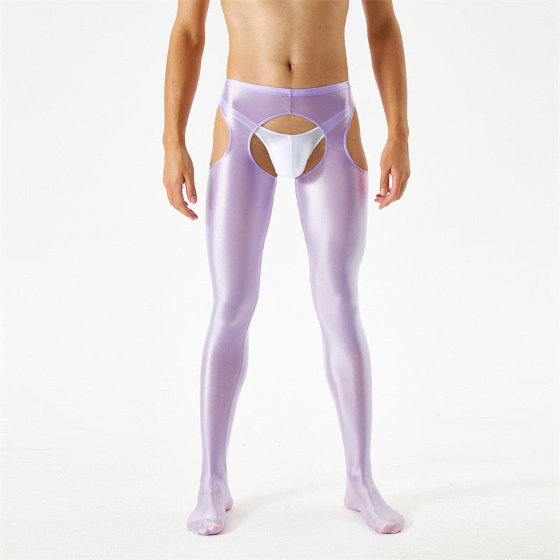 Front view of men wearing a lavender glossy suspender style pantyhose.