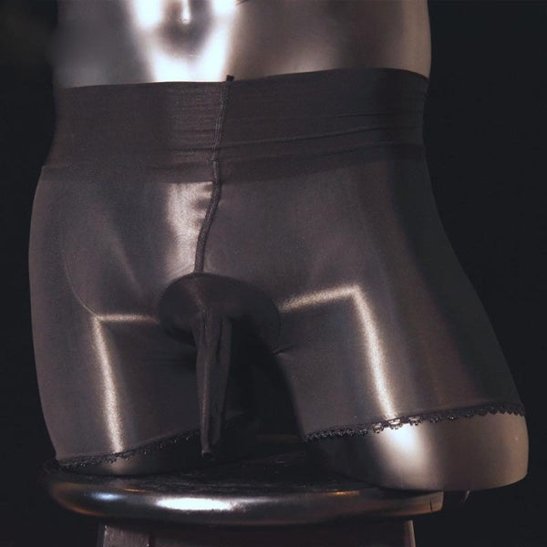 Front view of men's sheer black shiny nylon boxer brief with penis sheath.