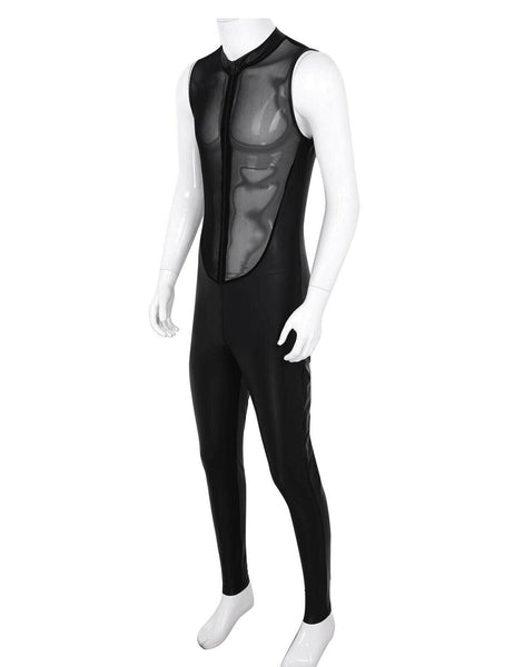 Front view of men's black bodysuit featuring a front and back mesh bodice, and a front to the crotch zipper closure.