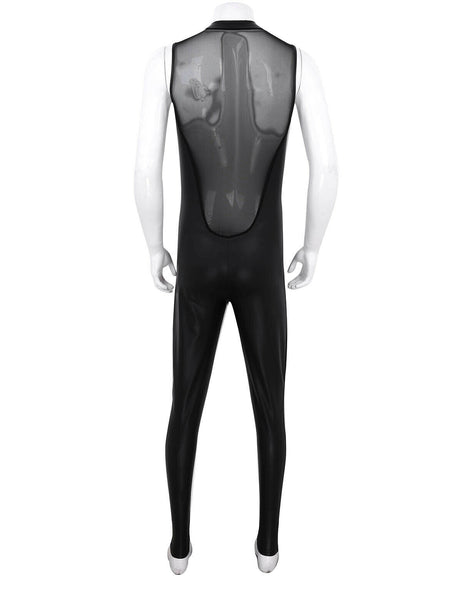 Back view of men's black bodysuit featuring a front and back mesh bodice, and a front to the crotch zipper closure.