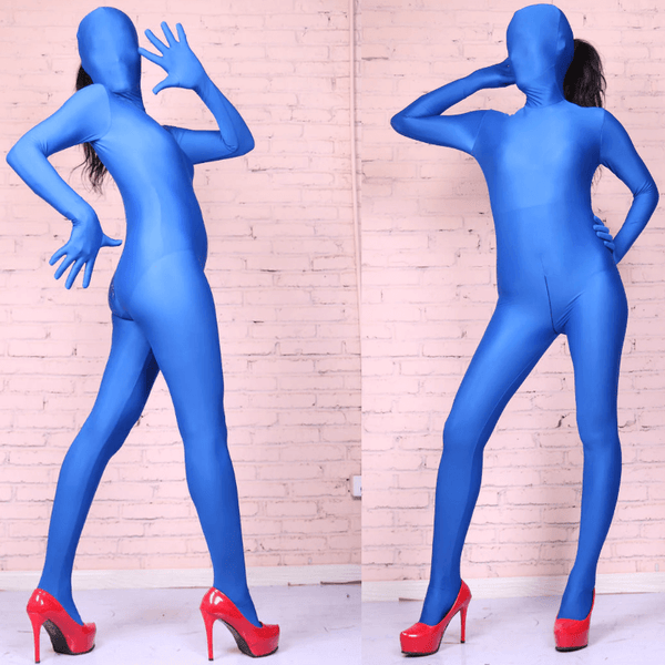 side and front view of lady wearing blue zentai suit features a full-body encasement, back to zipper closure, zipper crotch, and stretchable fabric for comfort with red high heels