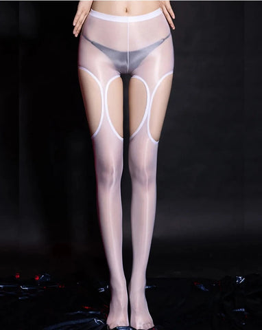 A woman wearing white glossy suspender pantyhose and panties.