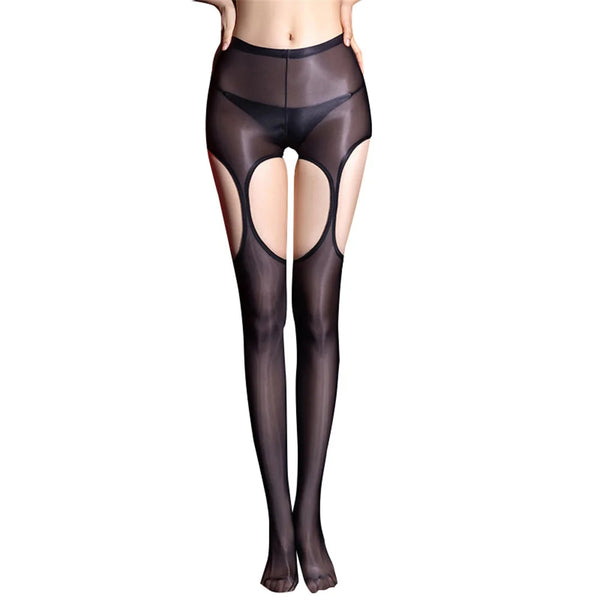A woman wearing black glossy suspender pantyhose and panties.