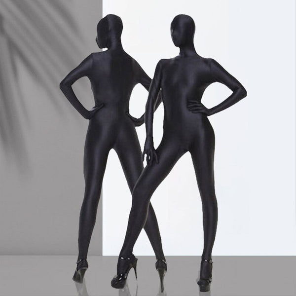 back and front view of lady wearing black zentai suit features a full-body encasement, back to zipper closure, zipper crotch, and stretchable fabric for comfort with black high heels