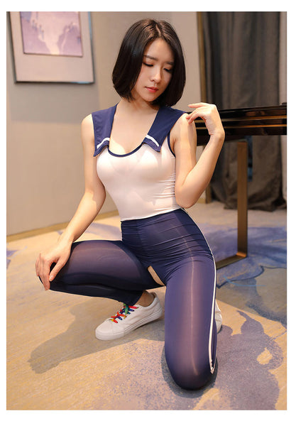 Blue Sexy One Piece Open Crotch School Girl Roleplay Uniform Bodysuit
