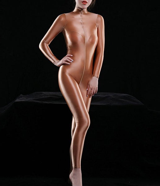 coffee shiny bodysuit featuring a front zipper closure, long sleeves, and a high neckline. 