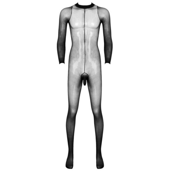 Front view of men specific black sheer mesh bodystocking with long sleeves and an open tip penis shealth.