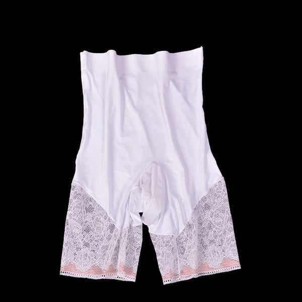 Front view of mens white high waisted lace brief with penis sheath. 