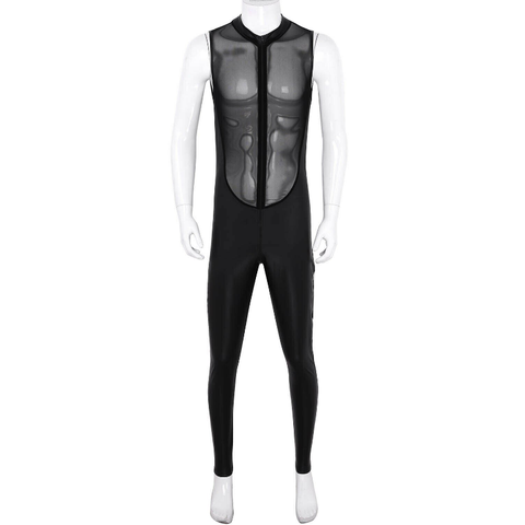 Front view of men's black bodysuit featuring a front and back mesh bodice, and a front to the crotch zipper closure.