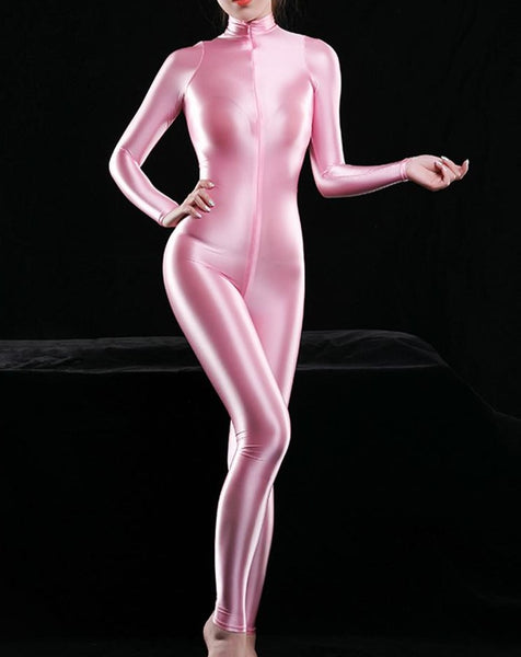 pink shiny bodysuit featuring a front zipper closure, long sleeves, and a high neckline. 