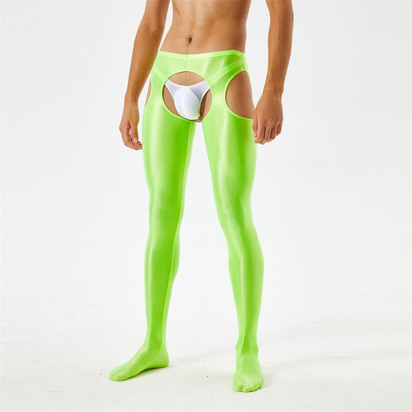 Front view of men wearing a fluorescent green glossy suspender style pantyhose.