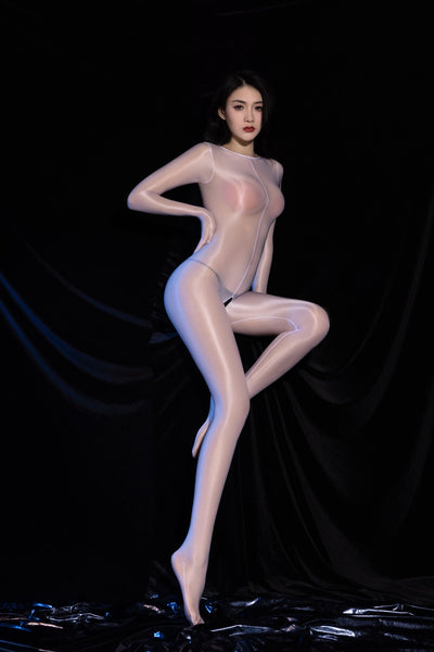A women posing in a white glossy sheer bodystocking with long sleeves, closed hand design, attached over the head hood, and open crotch.