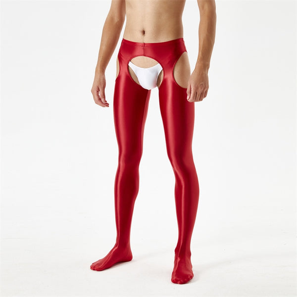 Front view of men wearing a red glossy suspender style pantyhose.