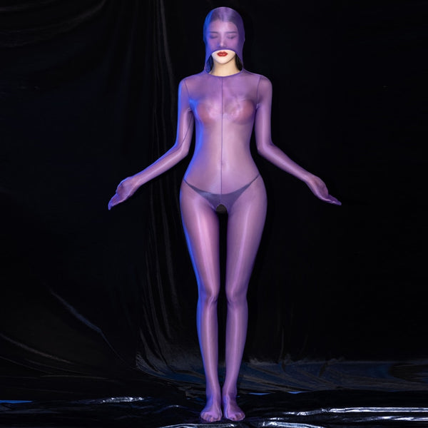 Lady wearing a purple glossy sheer long sleeves bodystocking with an open crotch, closed hand, and a pull over hood.