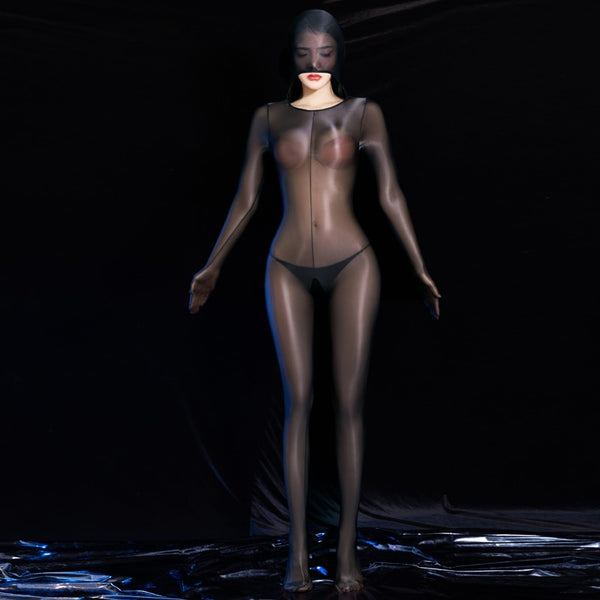 Lady wearing a black glossy sheer long sleeves bodystocking with an open crotch, closed hand, and a pull over hood.