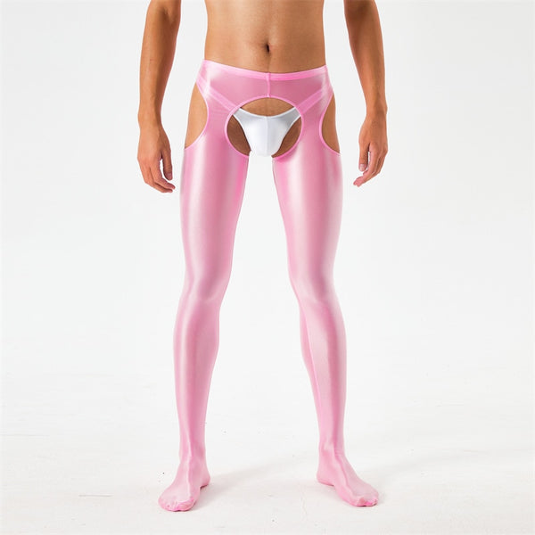 Front view of men wearing a pink glossy suspender style pantyhose.