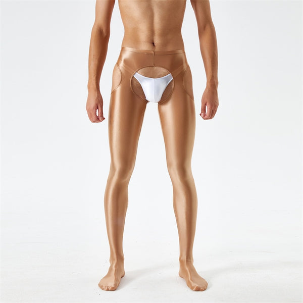 Front view of men wearing a khaki glossy suspender style pantyhose.