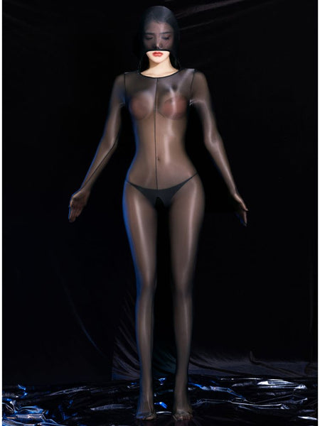 A women posing in a black glossy sheer bodystocking with long sleeves, closed hand design, attached over the head hood, and open crotch.