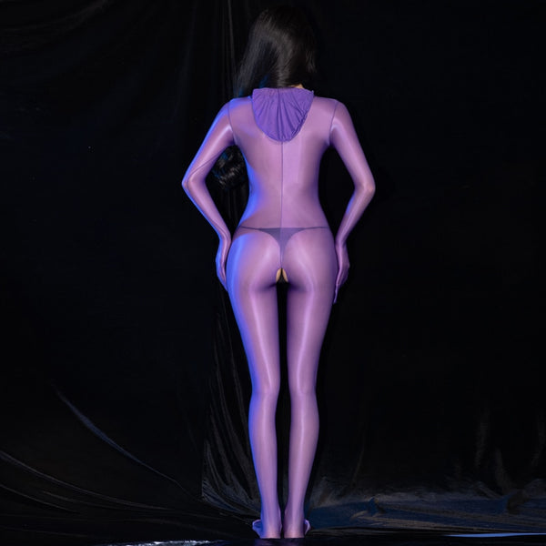 Back view of lady wearing a purple glossy sheer long sleeves bodystocking with an open crotch, closed hand, and a pull over hood.
