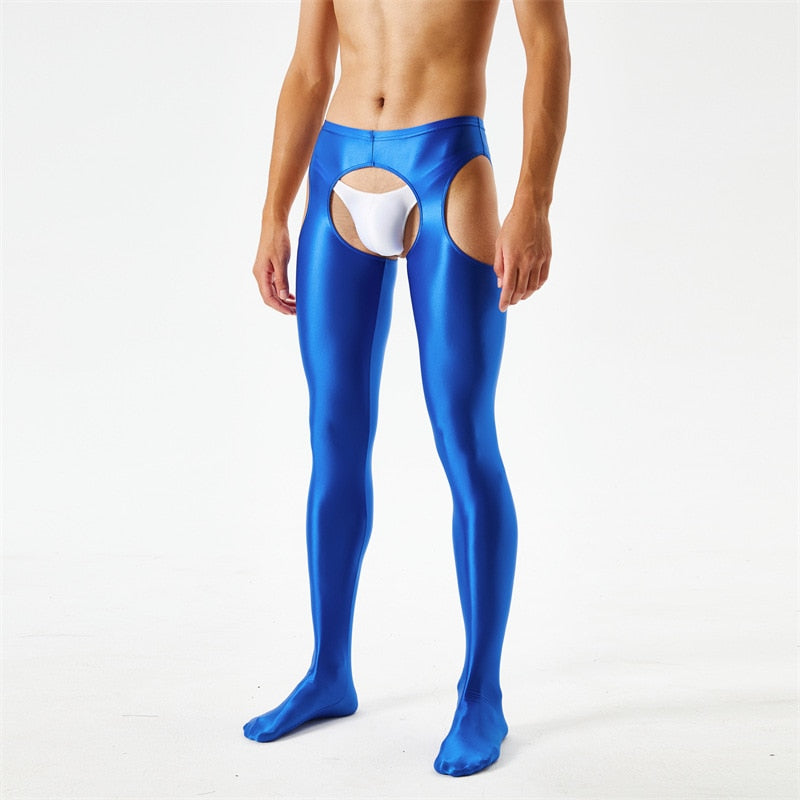 Front view of men wearing a blue glossy suspender style pantyhose.