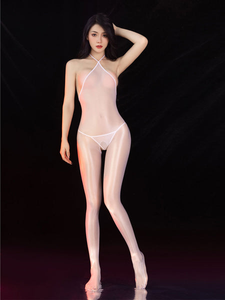 Front view of lady wearing a white sheer shiny bodystocking featuring a halter neck, closed feet and an open crotch.