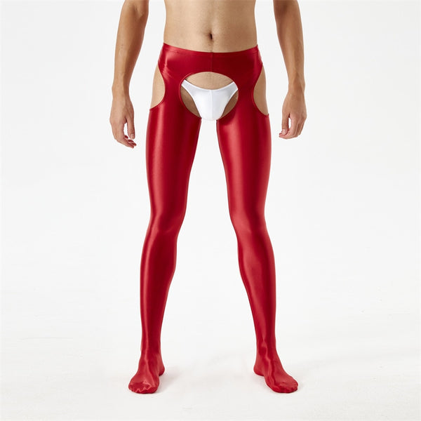 Front view of men wearing a red glossy suspender style pantyhose.