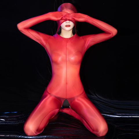 Lady wearing a red glossy sheer long sleeves bodystocking with an open crotch, closed hand, and a pull over hood.