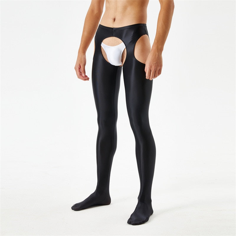 Front view of men wearing a black glossy suspender style pantyhose.
