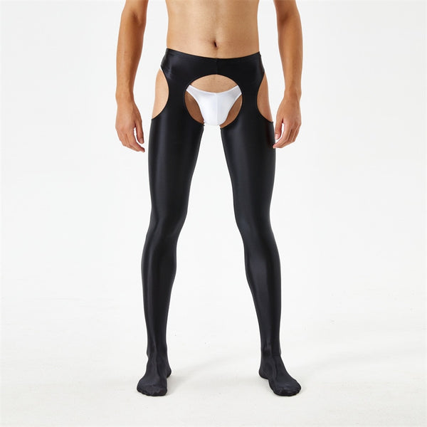 Front view of men wearing a black glossy suspender style pantyhose.