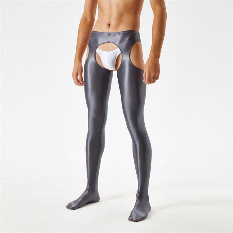 Front view of men wearing a gray glossy suspender style pantyhose.