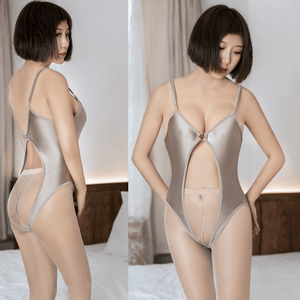 side and front view of lady wearing a champagne bodysuit featuring adjustable spaghetti straps, low cut front keyhole, an open crotch, and a low cut back. 