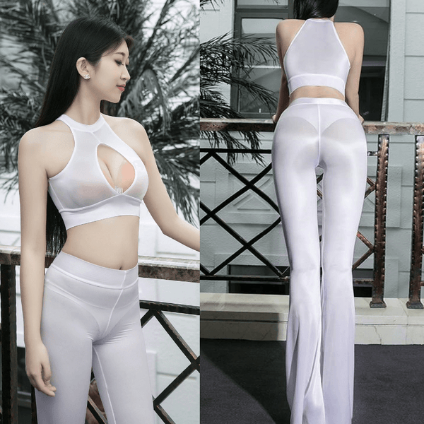 front and back view of lady wearing white wet look seductive outfit featuring a crop top with keyhole opening, see through shiny fabric, matching pants. 