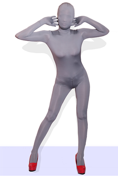 front view of lady wearing a grey color zentai suit or full body tights featuring back zipper closure and crotch zipper. 