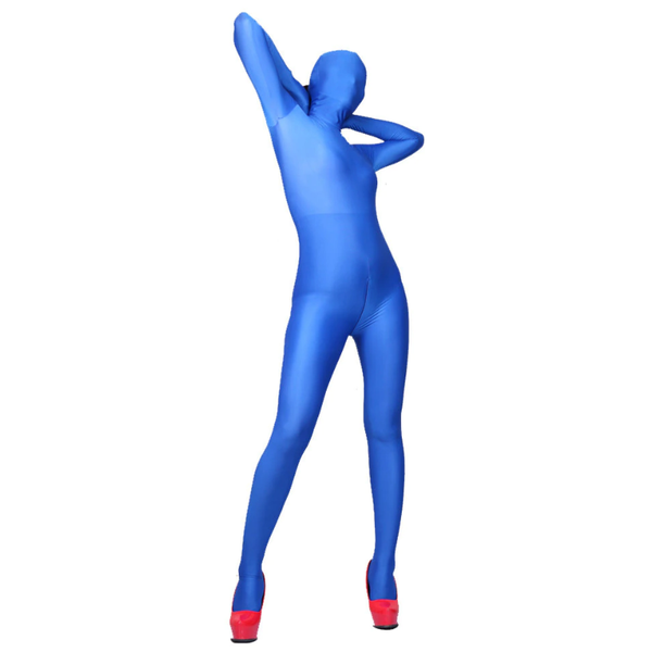 front view of lady wearing blue zentai suit features a full-body encasement, back to zipper closure, zipper crotch, and stretchable fabric for comfort with red high heels