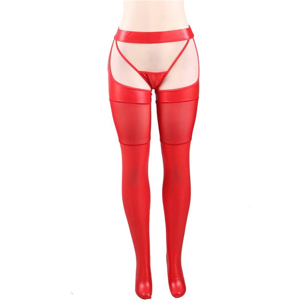 Red gartered wet look leather mesh stockings