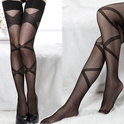 Black Sheer Thigh High Stockings With Criss Cross Stripe Design