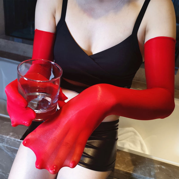 Red Shiny Seamless Pantyhose Above Elbow Gloves