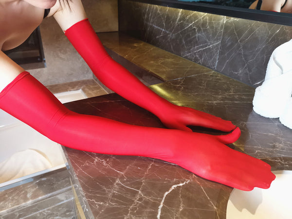 Red Shiny Seamless Pantyhose Above Elbow Gloves