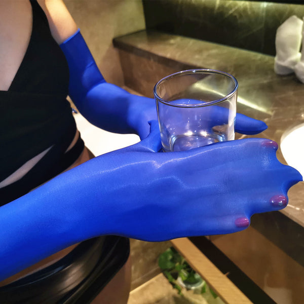 Blue Shiny Seamless Pantyhose Above Elbow Gloves