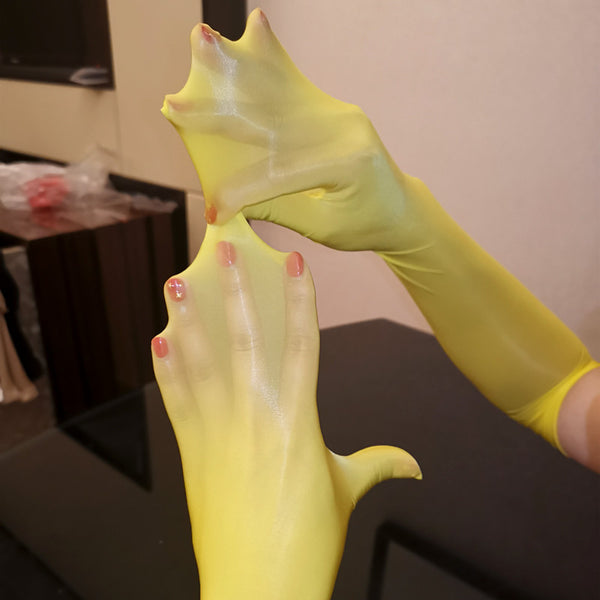 Yellow Shiny Seamless Pantyhose Above Elbow Gloves