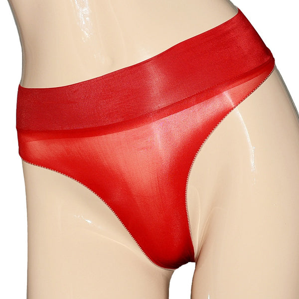 Red sheer panties featuring a wide comfortable waistband, shiny nylon, high side cut. 