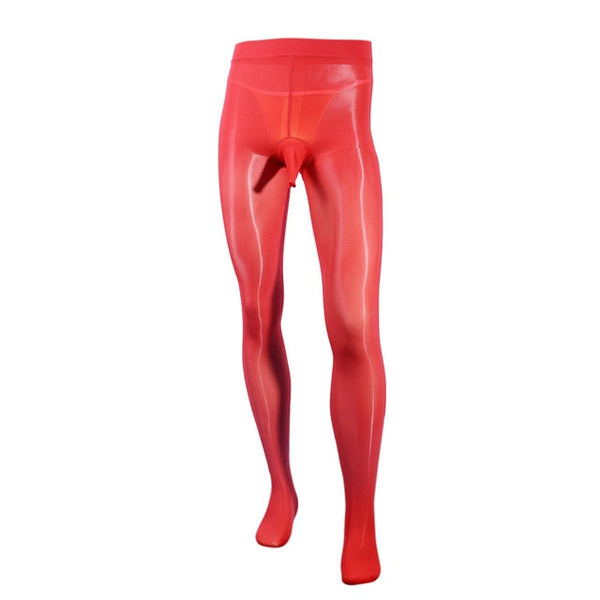 front view of red sheer shiny pantyhose features a penis sheath with open tip for all day comfort and thick elastic waistband. 