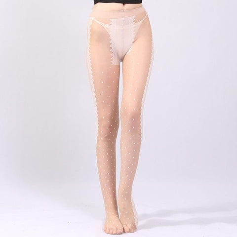 chic pantyhose featuring floral pattern side panel and polka dot. 