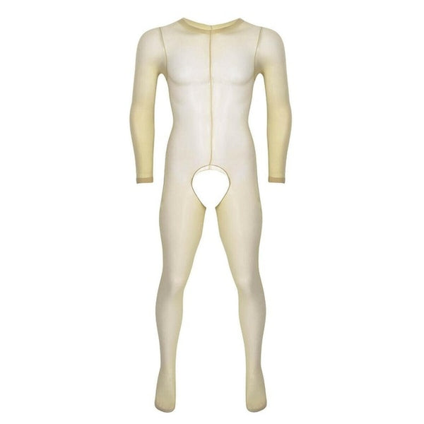 Nude men specific bodystocking features a scoop neckline, an open crotch, mesh bodice and long sleeves 