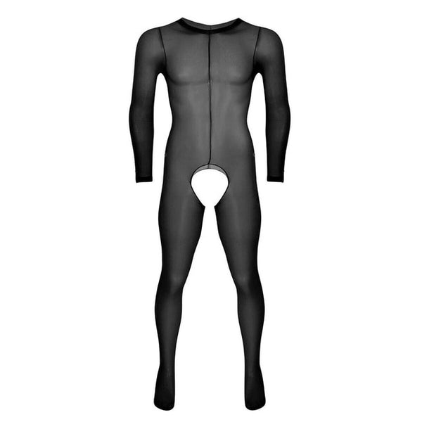 Black men specific bodystocking features a scoop neckline, an open crotch, mesh bodice and long sleeves 