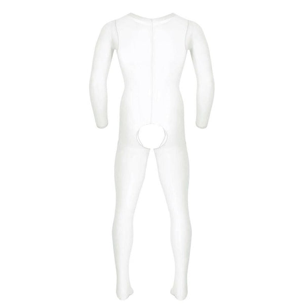 White men specific bodystocking features a scoop neckline, an open crotch, mesh bodice and long sleeves 