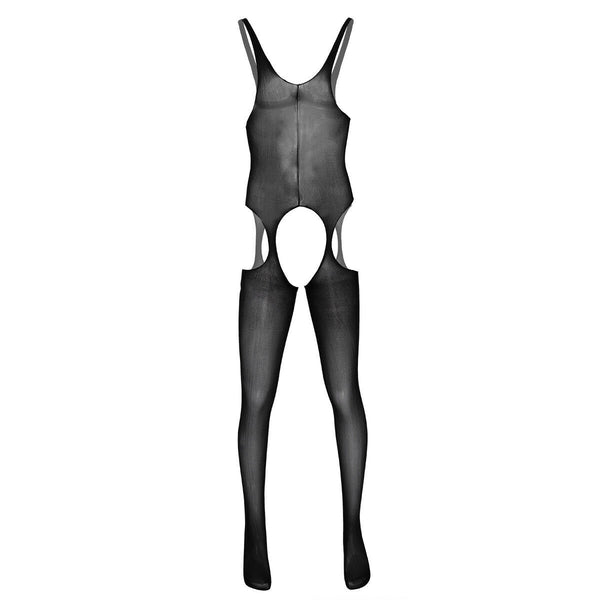 Black men specific suspender style bodystocking features an open crotch, mesh bodice and thigh high. 