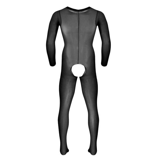 Black men specific bodystocking features a scoop neckline, an open crotch, mesh bodice and long sleeves 